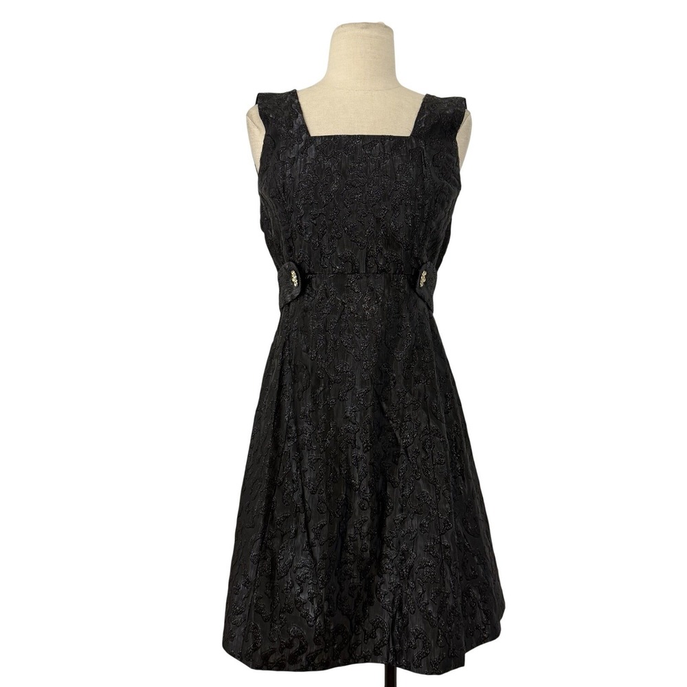 Vtg 1960s Glitter Brocade Empire‎ Waist Little Black Dress Sz S Cocktail Party